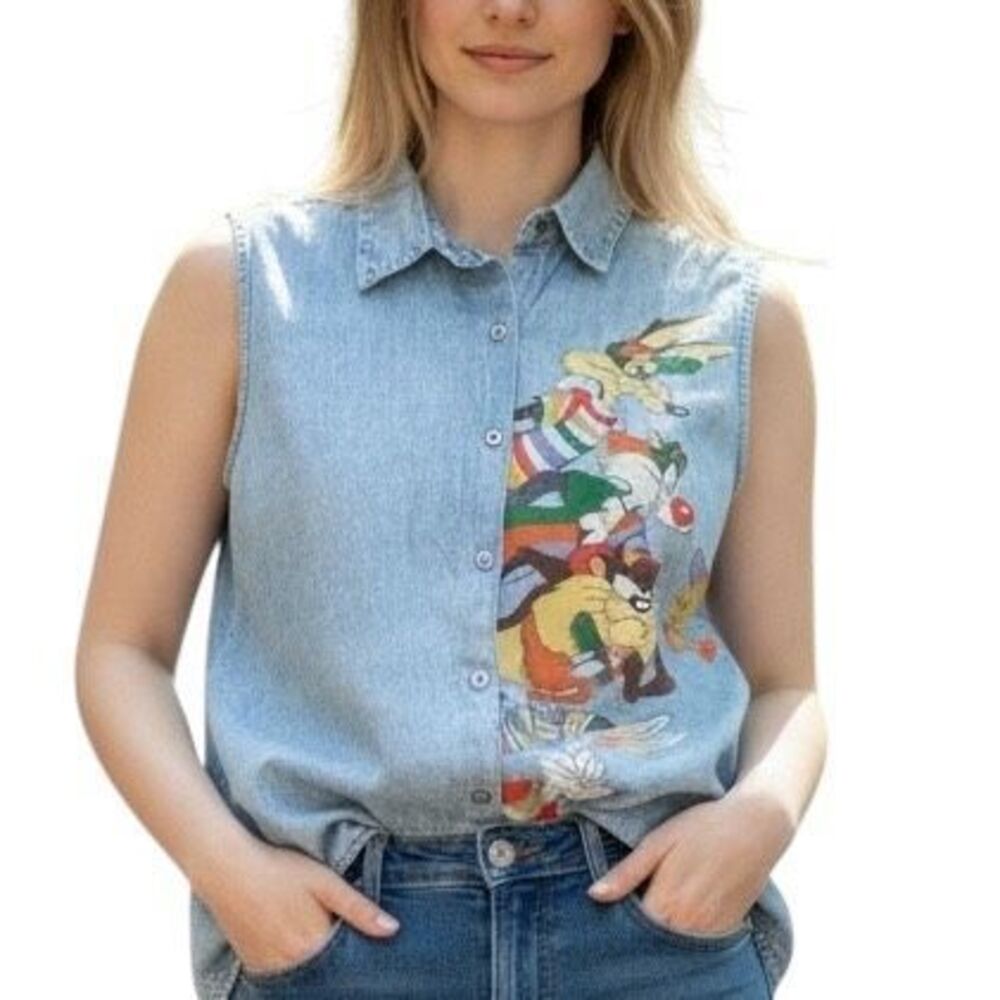 VINTAGE JERRY LEIGH LOONEY TUNES Women’s Blue Denim Button Front Character Tank - Picture 1 of 6